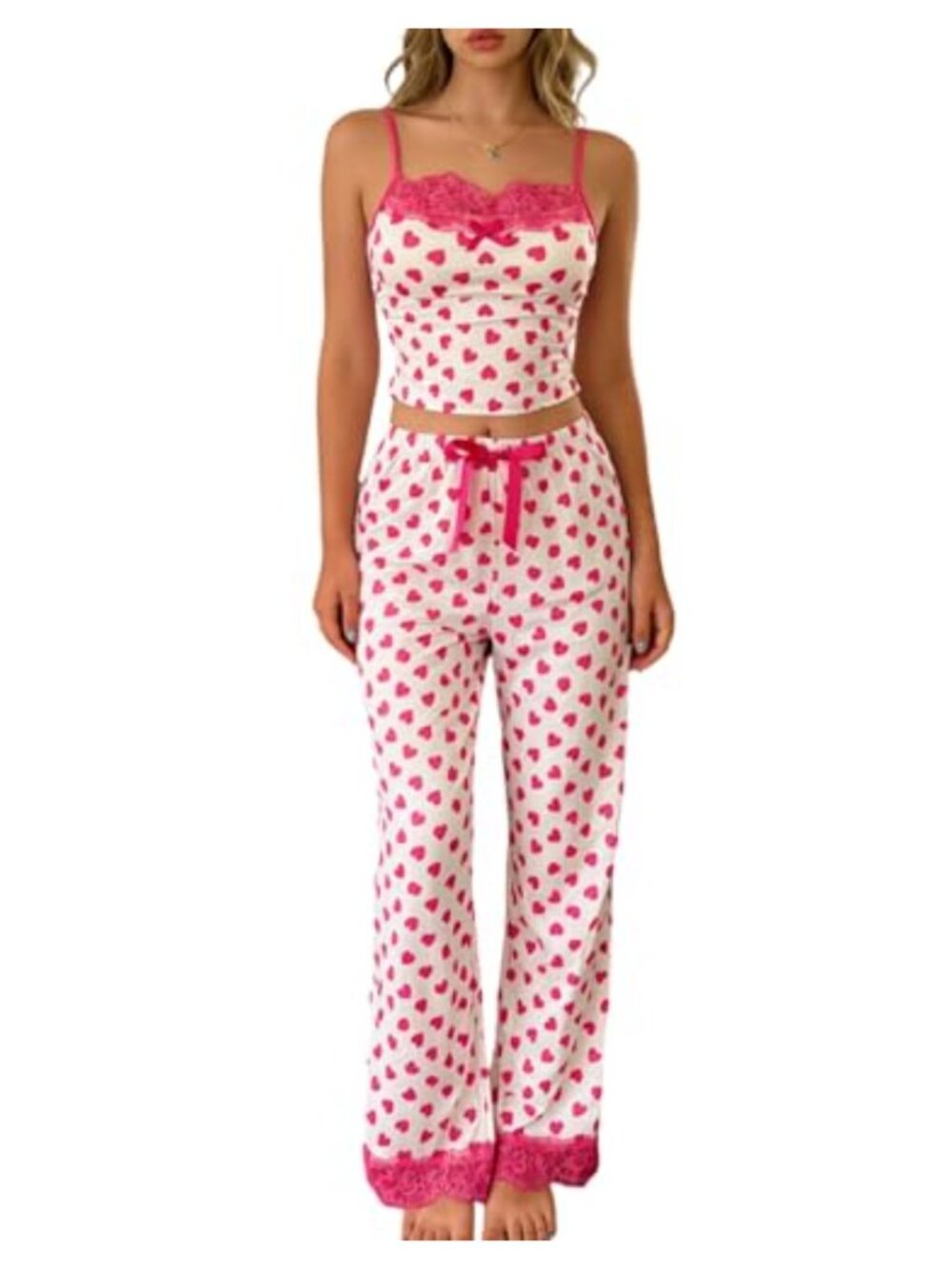 Women's 2 Piece Pajama Set Lace Trim Bow Cami and Pants Heart Print Sleepwear